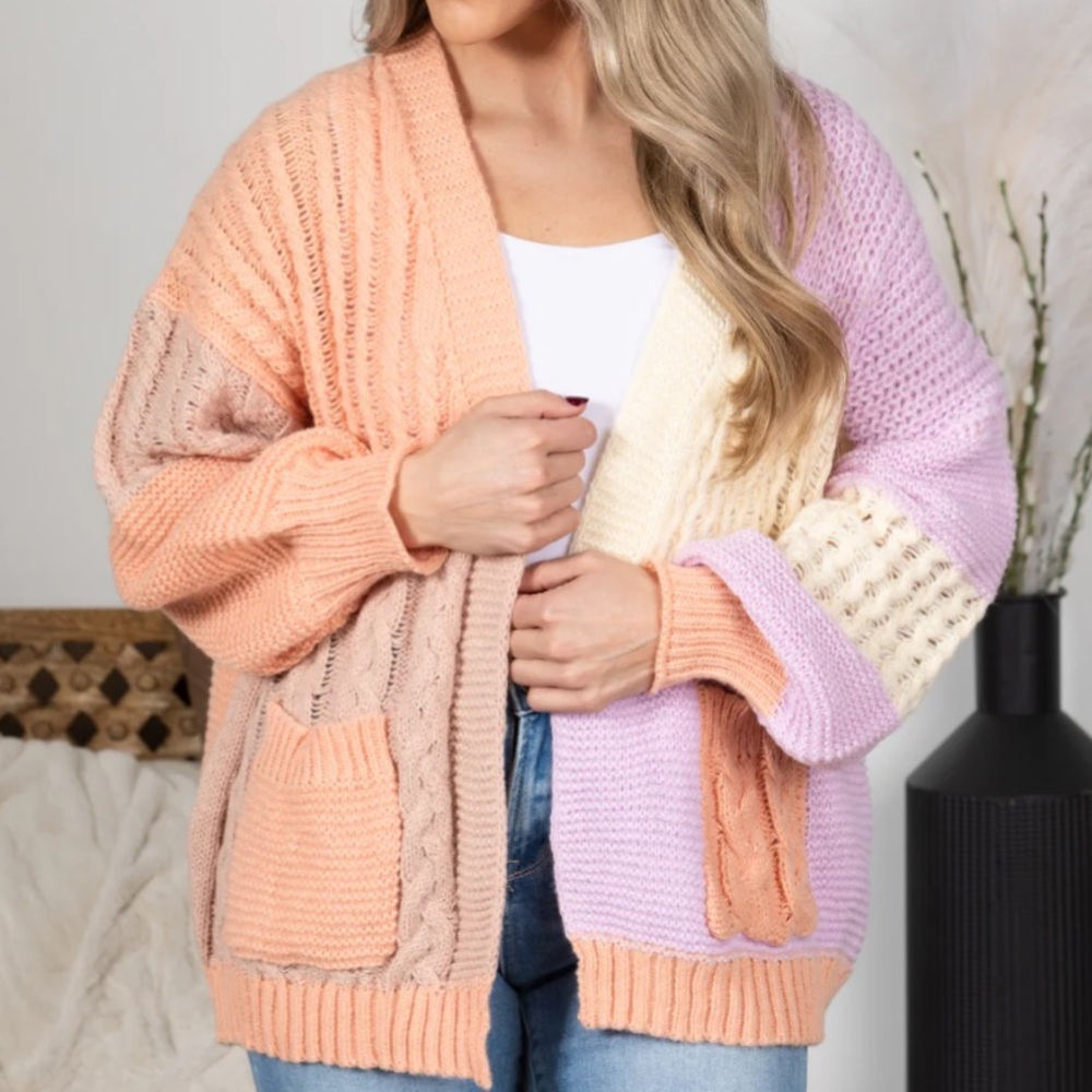 ADORA Peach, Cream, and Lavender Women's Cardigan Spring Patchwork Knit Sweater